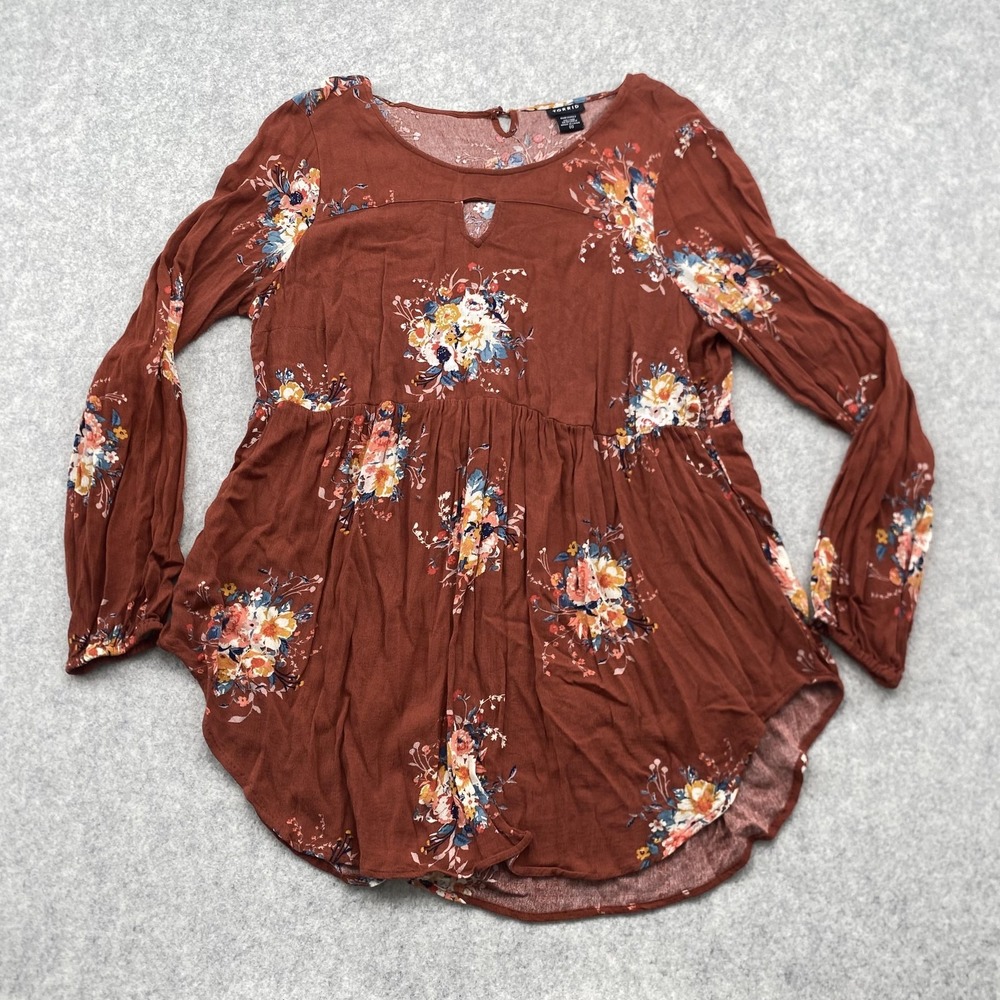 Torrid Blouse Womens 00 Brown Floral Keyhole Long Sleeve Boho Tunic Top